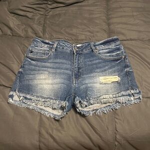KanCan Medium Wash Distressed Frayed Hem Jean Shorts - Blue